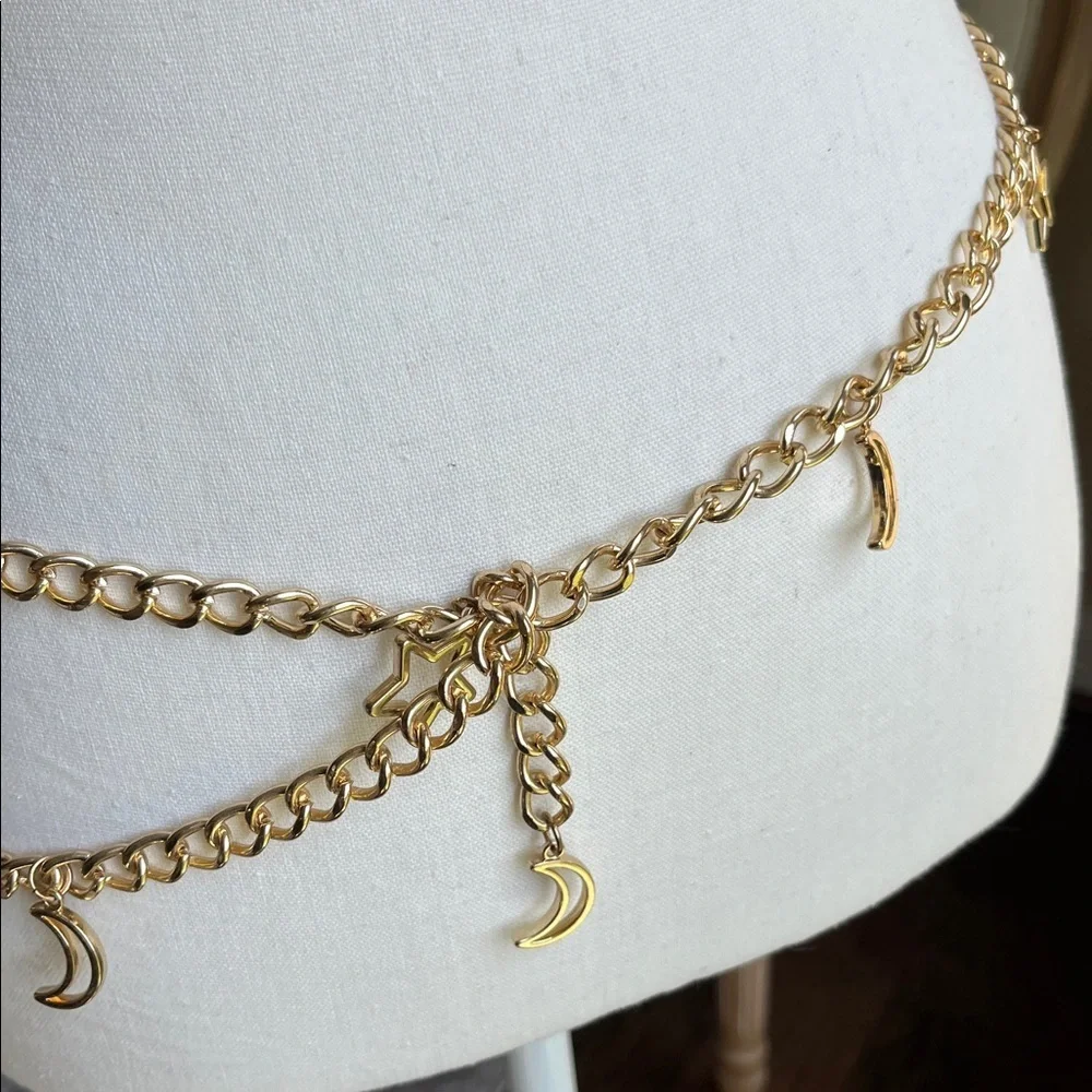 Gold Tone Chain Belt with Star and Moon Charms Celestial
